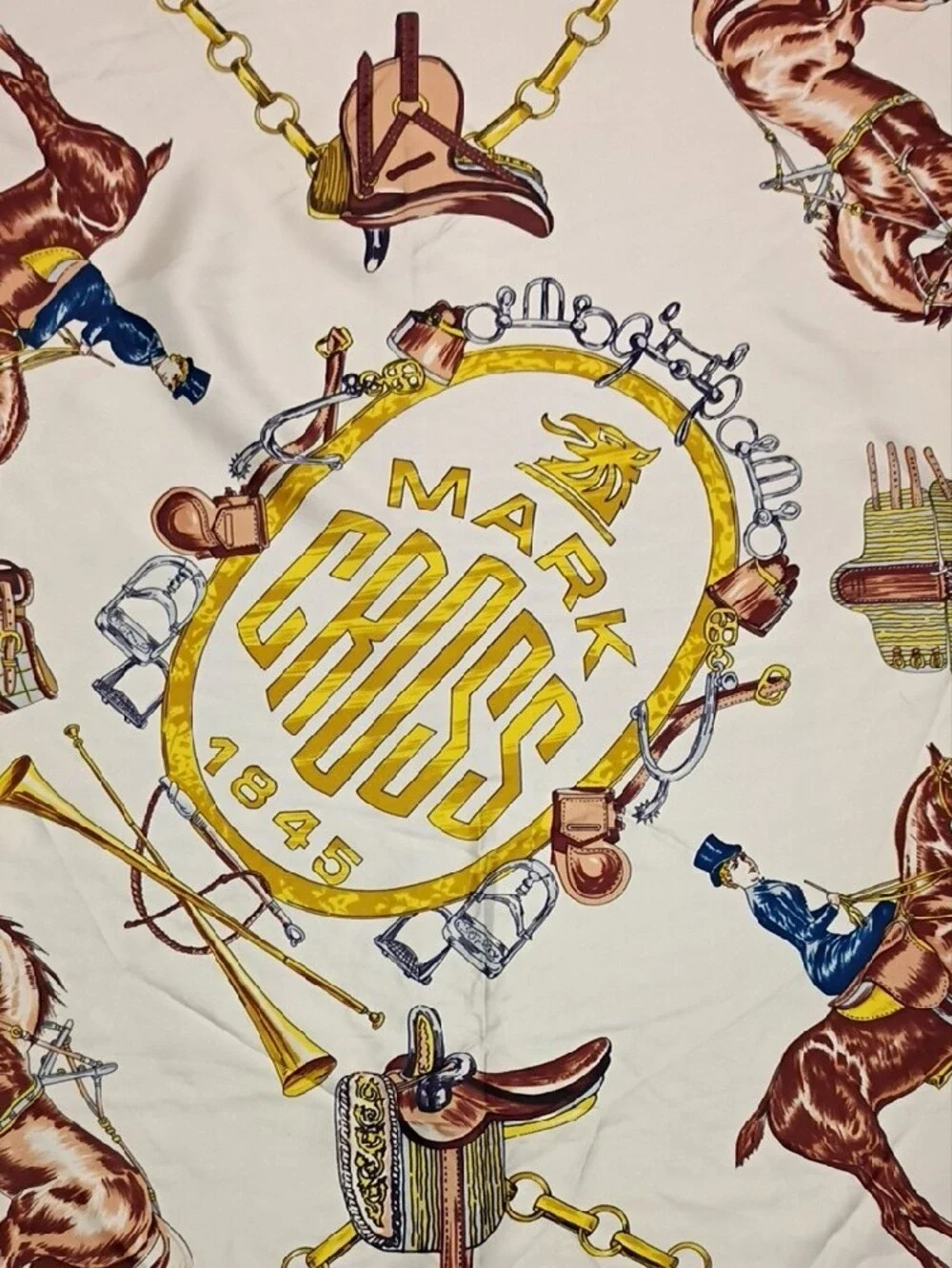 ❤️VINTAGE MARK CROSS EQUESTRIAN HORSEBIT THEME Silk Piano Shawl Scarf 31x31
